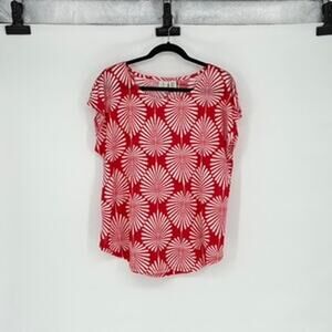 Joie Women's Red and White Leaf Print Cap Sleeve Linen Tee Bold Tropical - XL